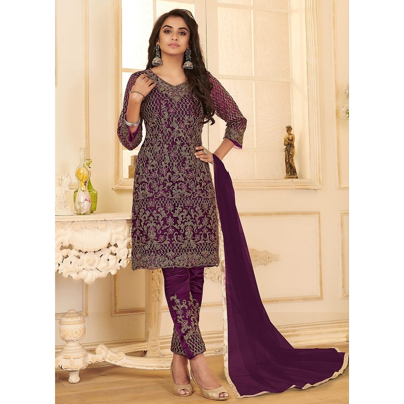 Plum Purple All Over Embroidered Net Pant Style Suit