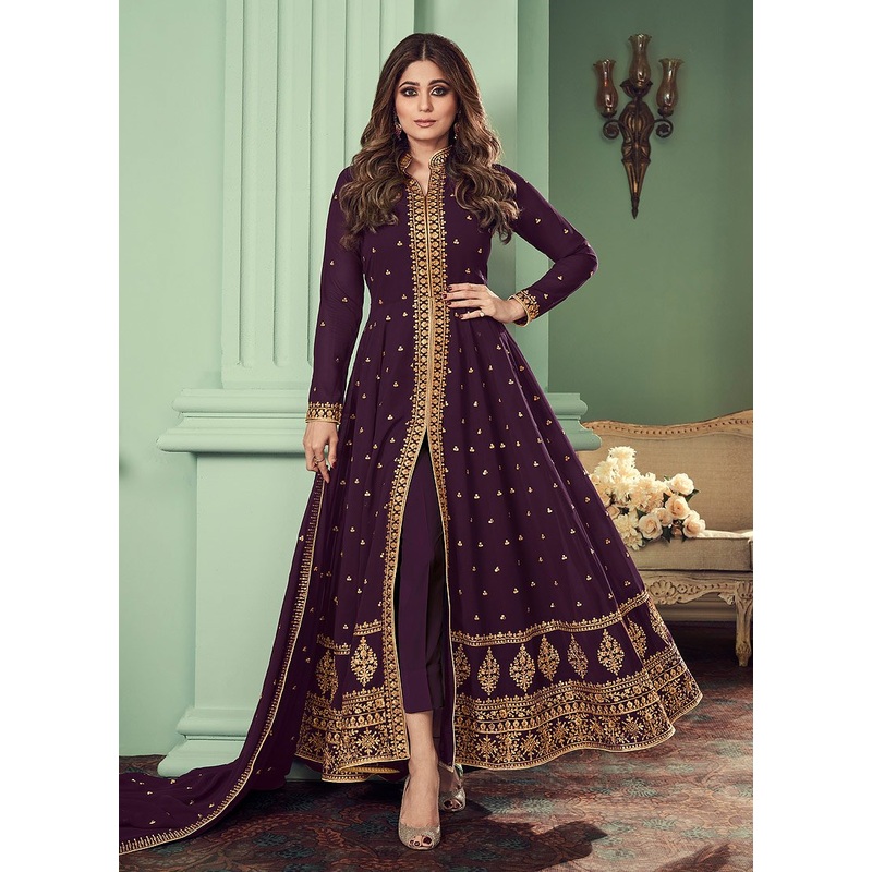 Plum Purple Slit Style Anarkali Featuring Shamita Shetty