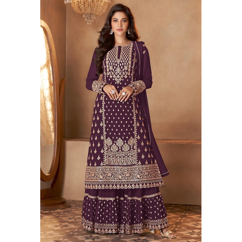 Plum Purple Straight Cut Georgette Designer Sharara Suit
