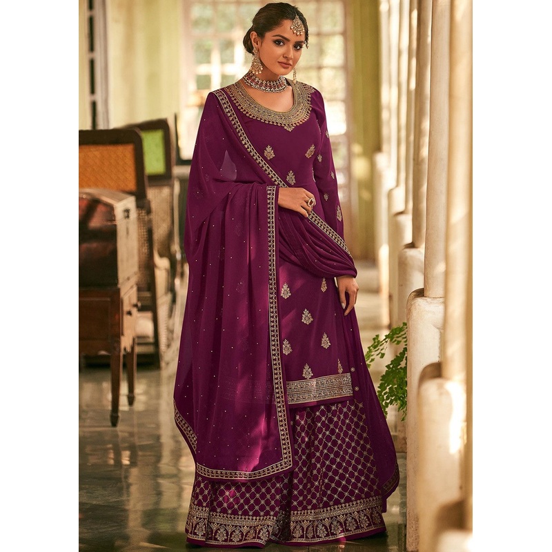 Plum Stone Work Embroidered Georgette Sharara Suit