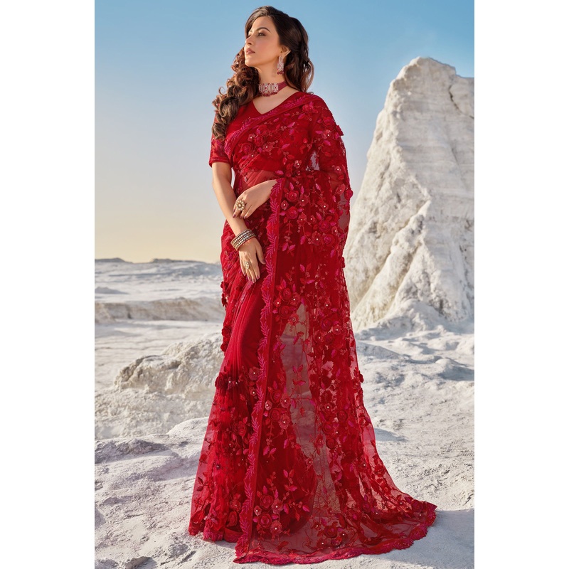 Premium Red Floral Embroidered Net Saree