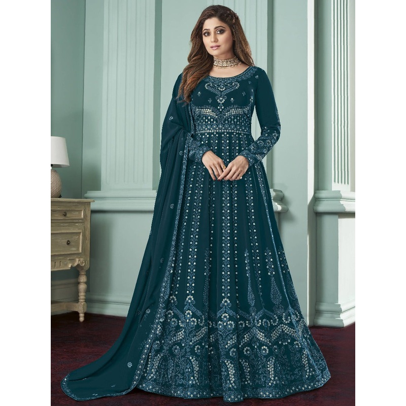 Prussian Blue Anarkali Gown Featuring Shamita Shetty