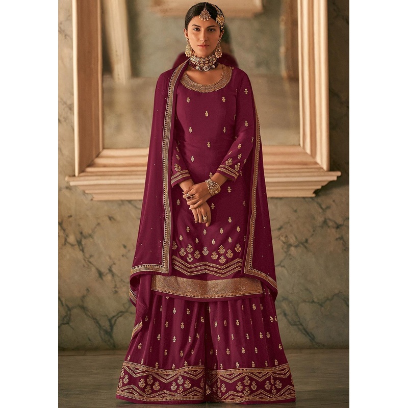 Purple Stone Work Embroidered Georgette Sharara Suit