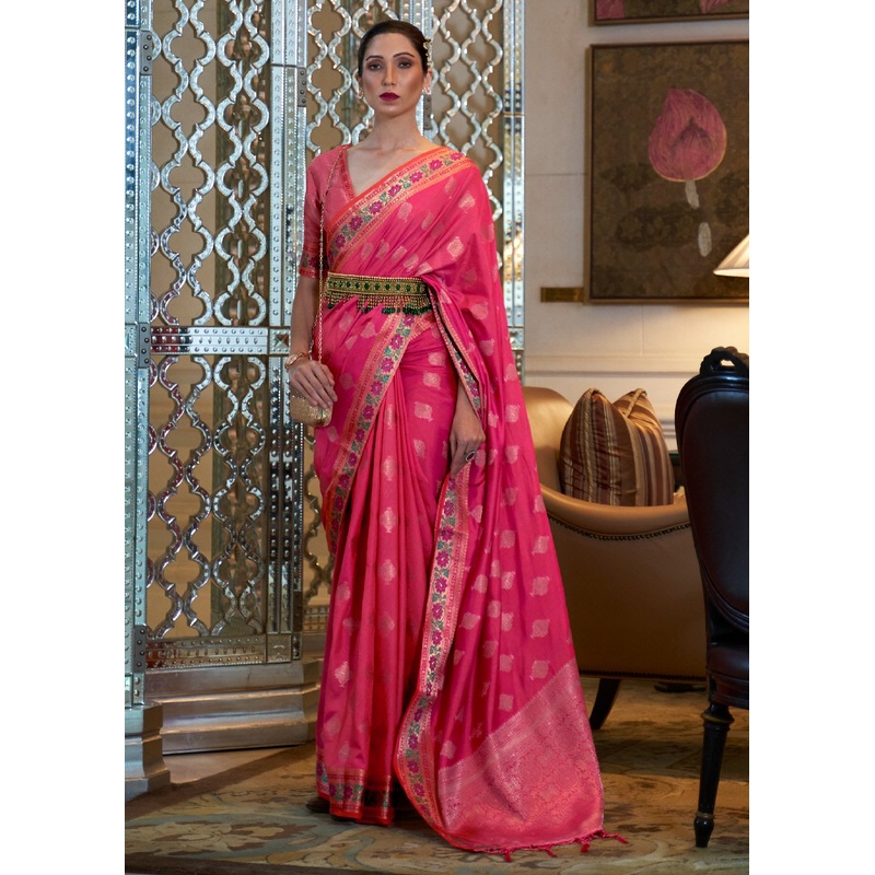 Raspberry Pink Banarasi Silk Authentic Indian Saree