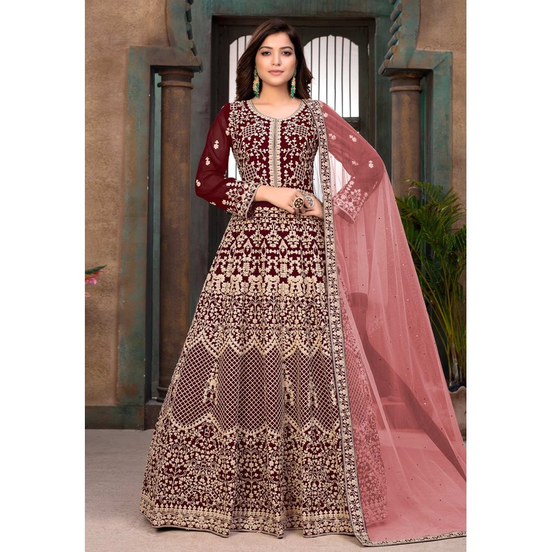 Red Faux Georgette Floor Length Anarkali Suit