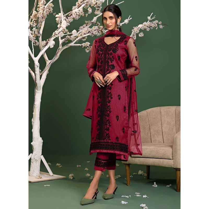 Rosewood Pink Straight Cut Pakistani Style Pant Suit