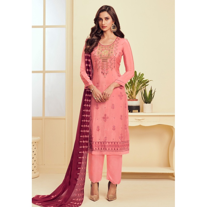 Rough Pink Pakistani Style Embroidered Suit