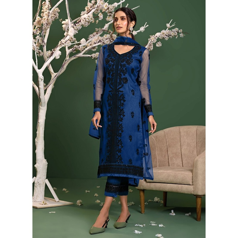 Royal Blue Straight Cut Pakistani Style Pant Suit