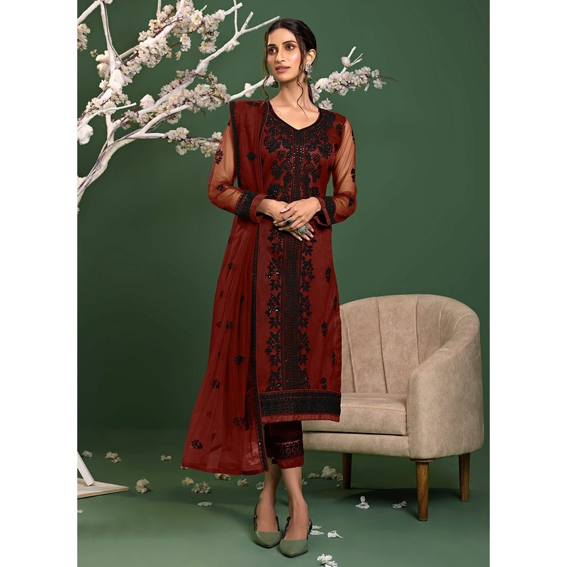 Sangria Red Straight Cut Pakistani Style Pant Suit