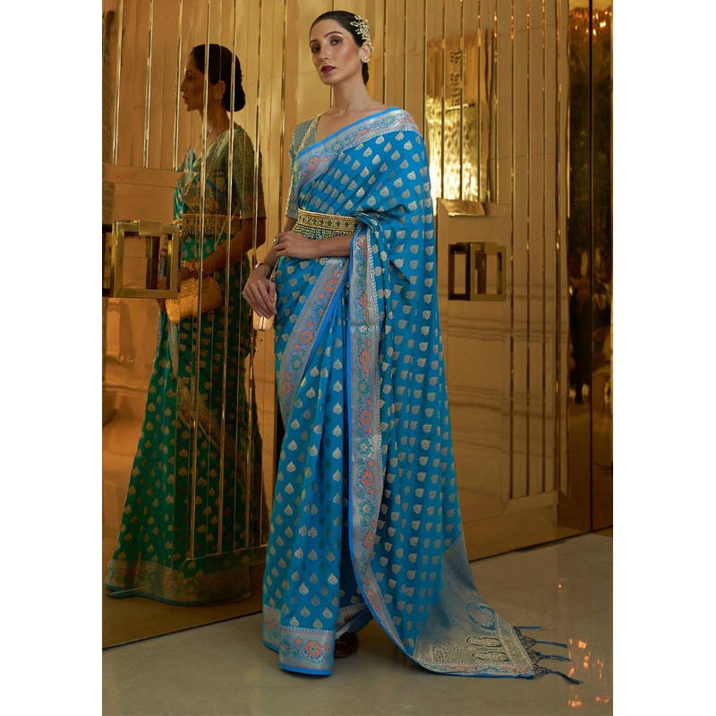 Sapphire Blue Banarasi Silk Authentic Indian Saree