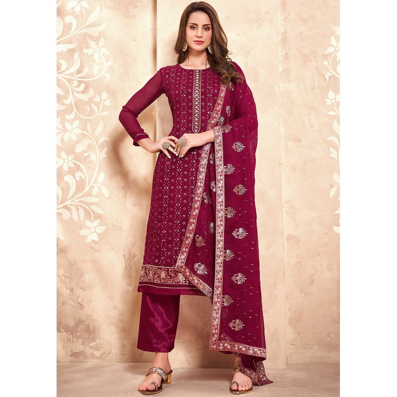 Sequins Embroidered Magenta Pakistani Style Suit