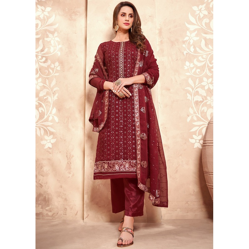 Sequins Embroidered Maroon Pakistani Style Suit