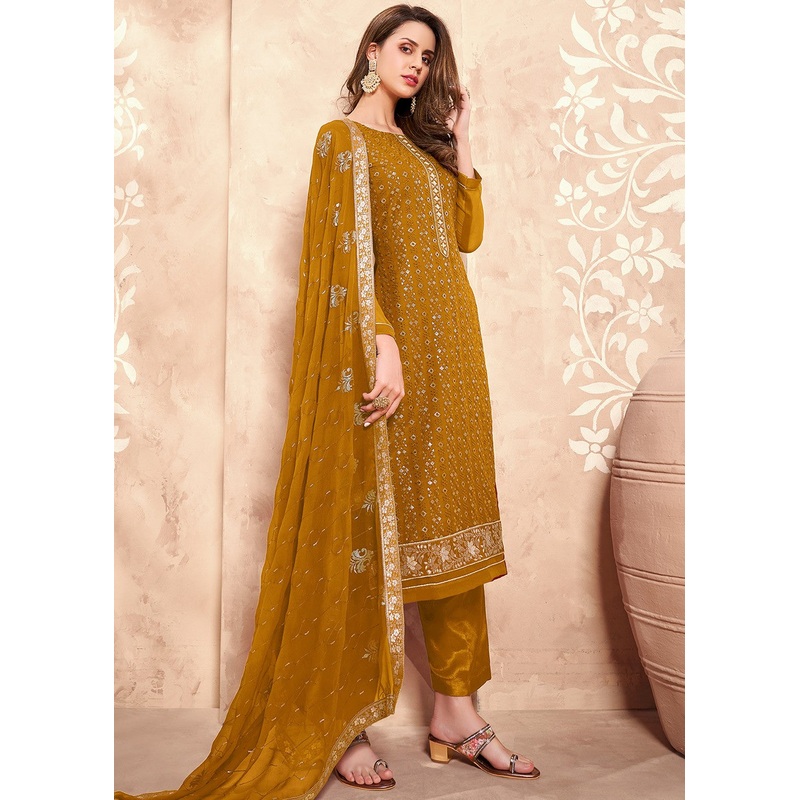 Sequins Embroidered Yellow Pakistani Style Suit