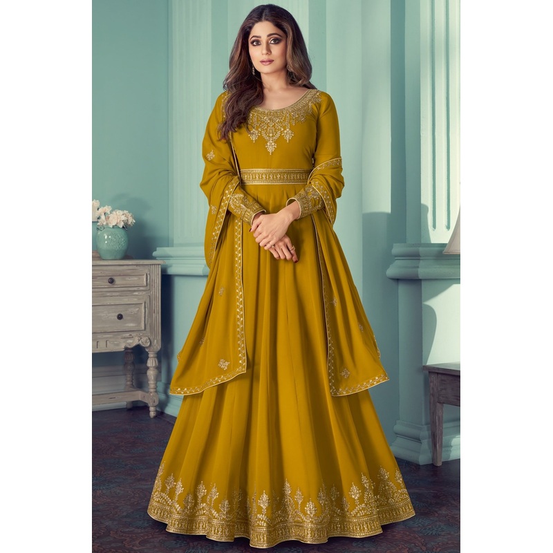 Shamita Shetty Mustard Embroidered Anarkali Suit