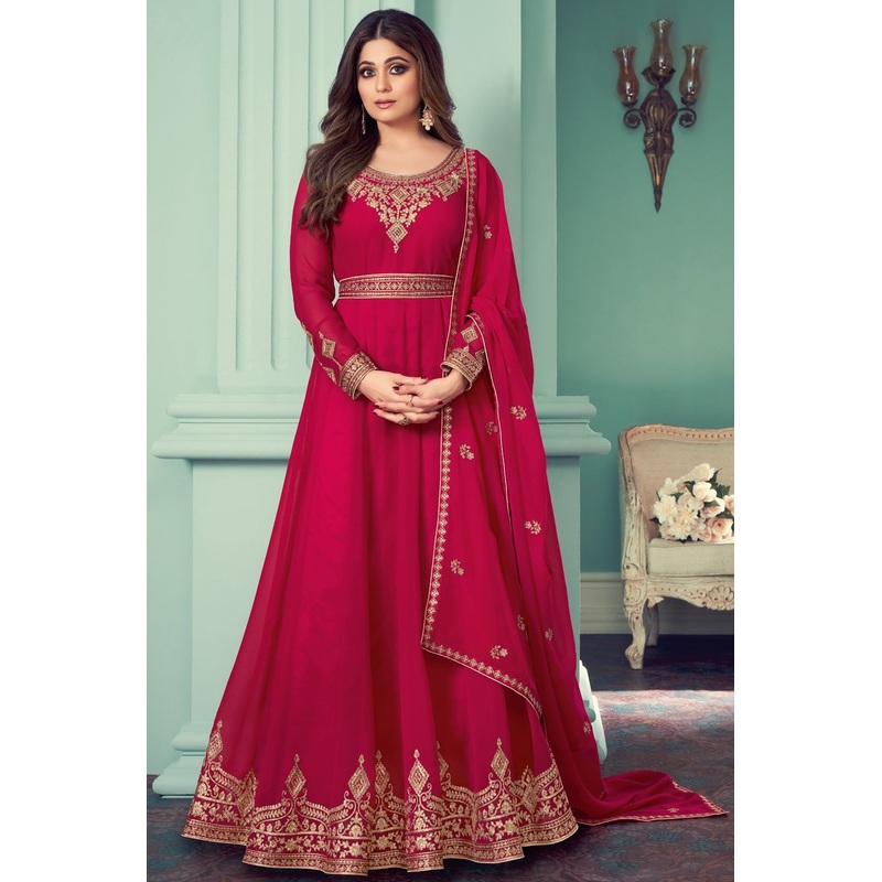 Shamita Shetty Pink Embroidered Anarkali Suit