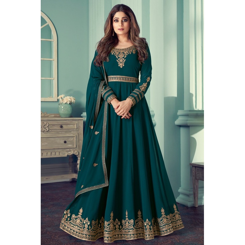 Shamita Shetty Teal Embroidered Anarkali Suit