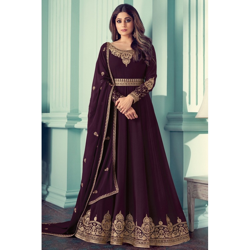 Shamita Shetty Wine Embroidered Anarkali Suit