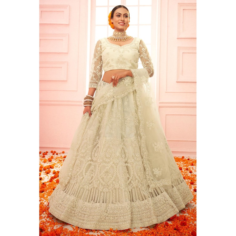 Snow Off White Wedding Stone Embroidered Lehanga