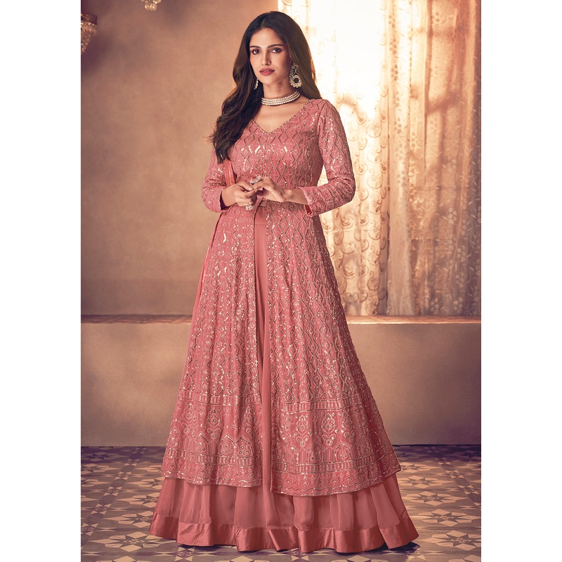 Spectacular Pink Floor Length Sequins Work Anarkali Suit