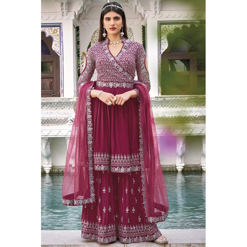 Splendid Pink Pure Georgette Embroidered Sharara Suit