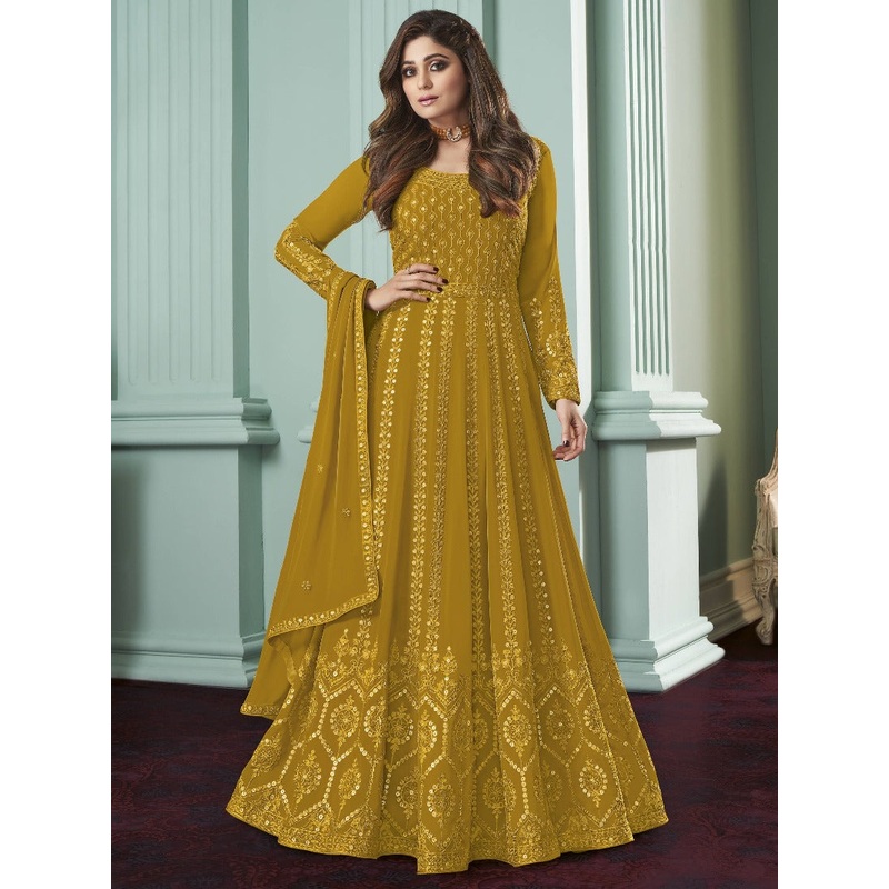 Splendid Yellow Anarkali Gown Featuring Shamita Shetty