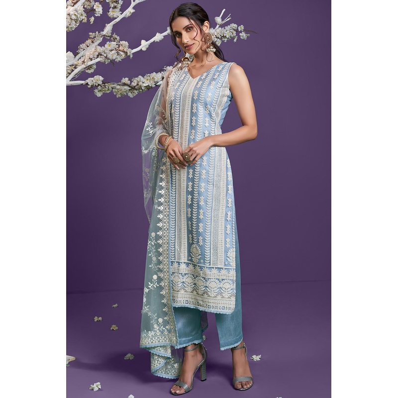 Steel Blue Lucknowi Chikankari Embroidered Pant Style Suit