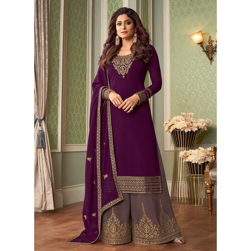 Stupendous Plum Shamita Shetty Georgette Palazzo Suit
