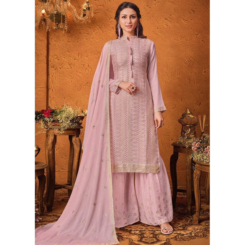 Taffy Pink Chiffon Embroidered Sharara Suit