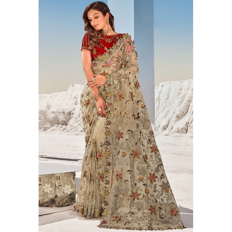Tan Beige Floral Embroidered Net Saree