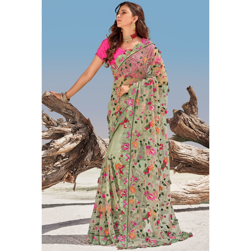 Tea Green Floral Embroidered Net Saree
