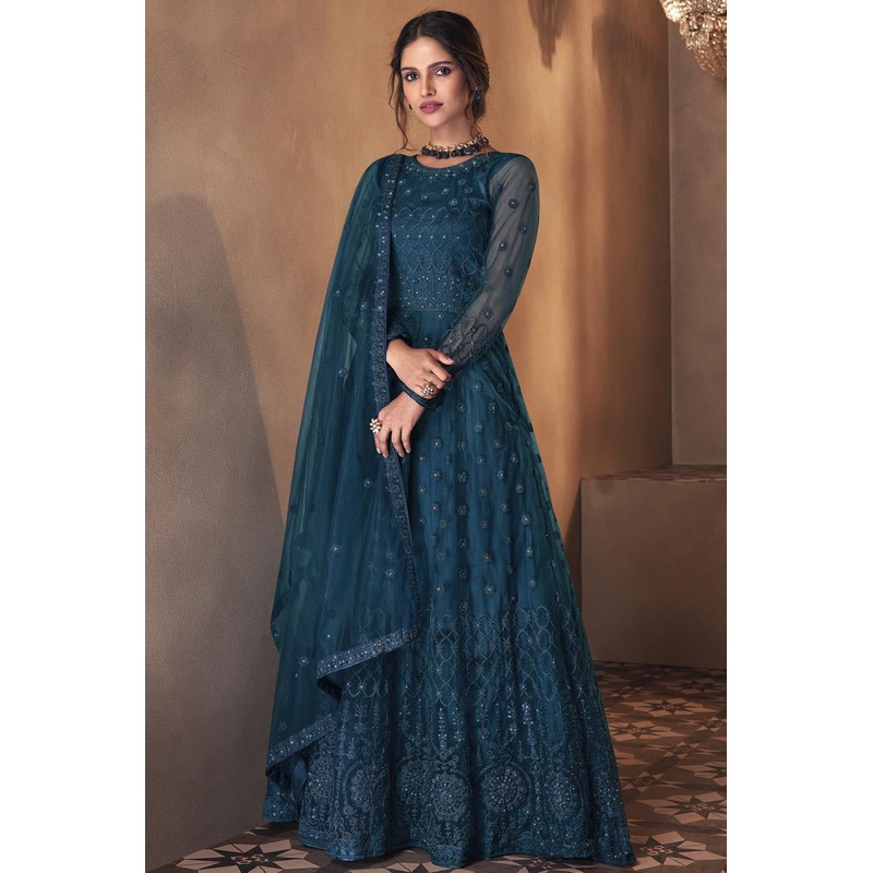 Teal Blue Wedding Thread Embroidered Anarkali Suit