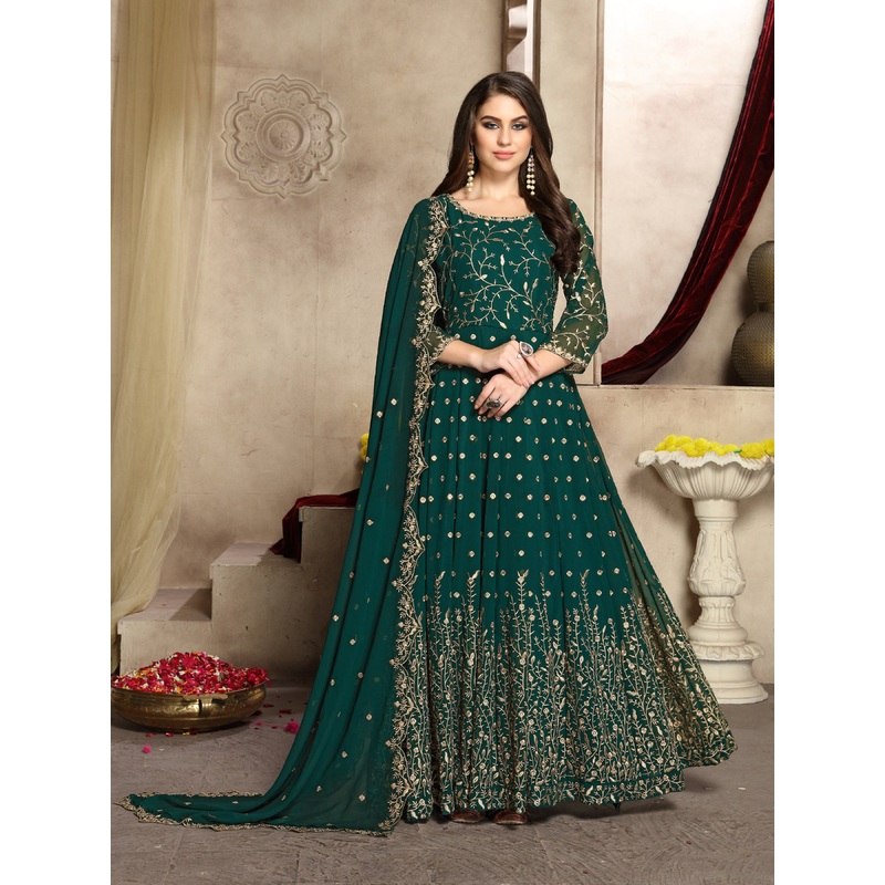 Teal Green Heavy Embroidered Georgette Anarkali Suit