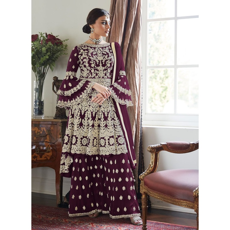 Trendy Bell Sleeved Embroidered Sharara in Wine Berry