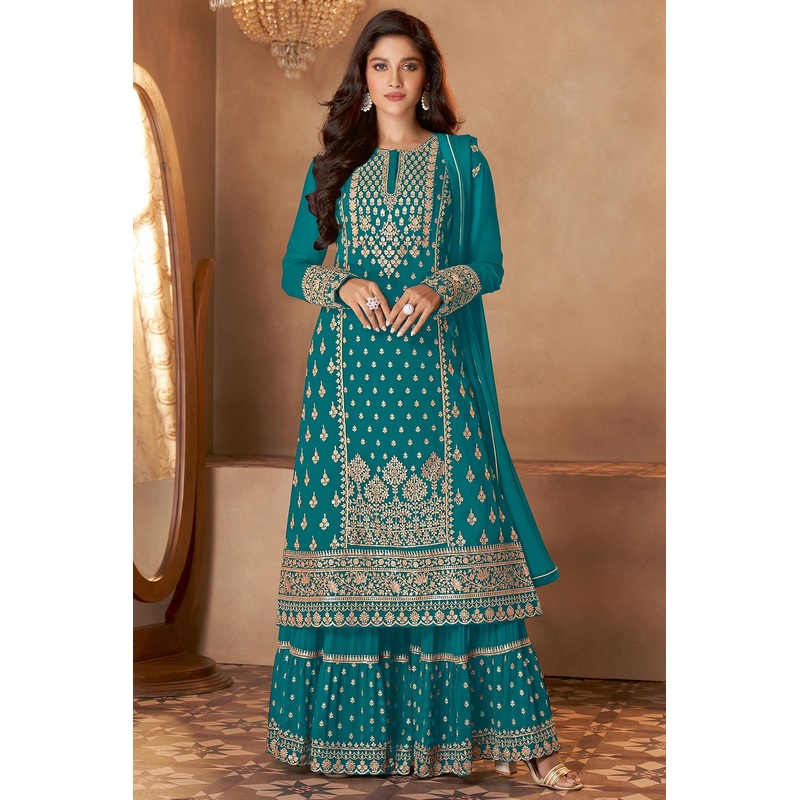 Turquoise Straight Cut Georgette Designer Sharara Suit