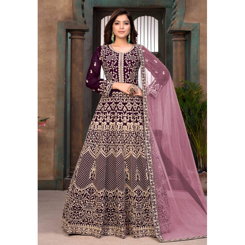 Wine Faux Georgette Floor Length Anarkali Suit