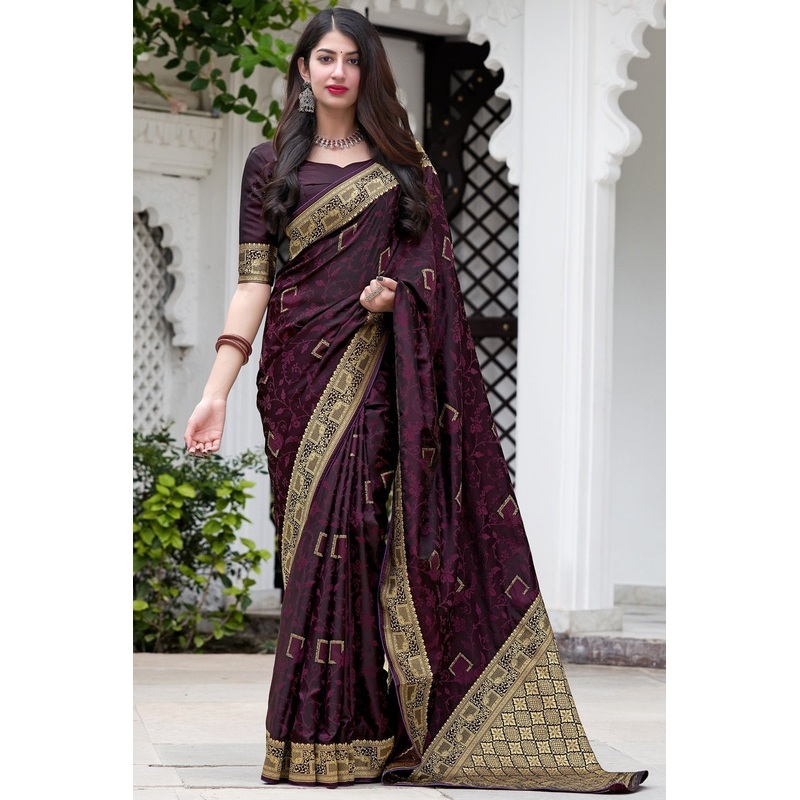 Wine Purple Weaving Silk Printed Traditional Saree