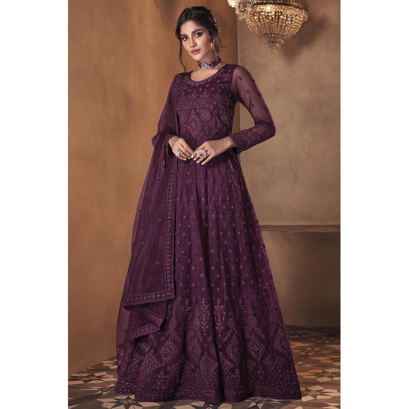 Wine Purple Wedding Thread Embroidered Anarkali Suit