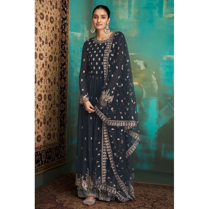 Anarkali Style Navy Blue Embroidered Sharara Suit