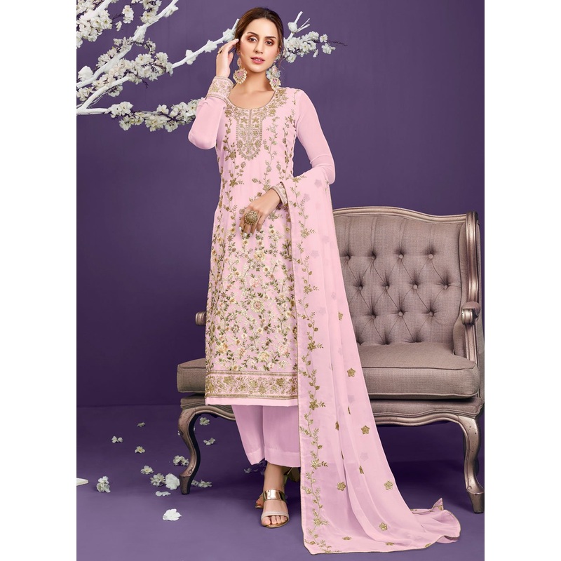 Baby Pink Pakistani Style Georgette Embroidered Salwar Suit