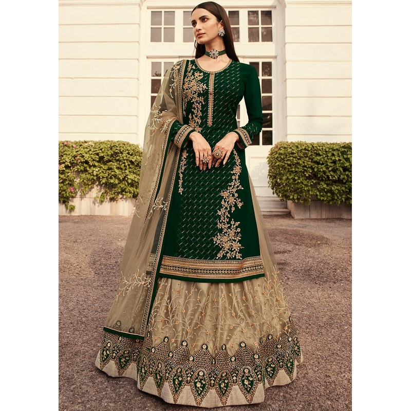 Beige & Green Long Kurti Style Embroidered Lehenga