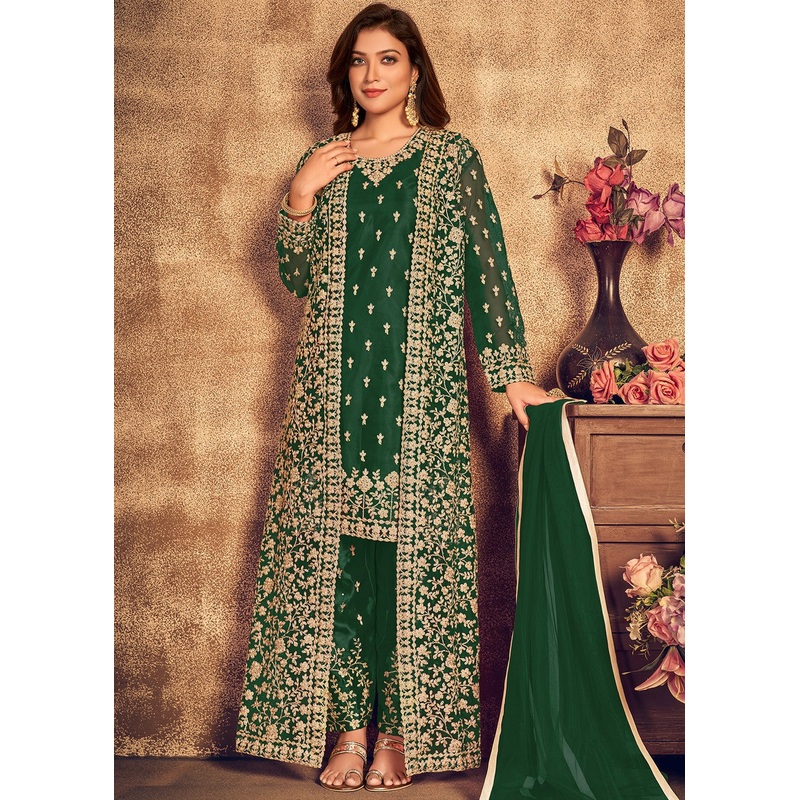 Bottle Green Satin Net Suit with Heavy Jacket