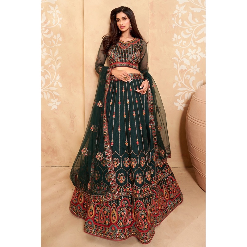 Bridal Bottle Green A Line All Embroidered Lehenga Choli