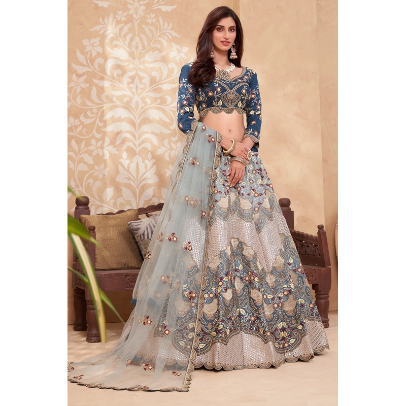 Bridal Cream & Blue A Line All Embroidered Lehenga Choli