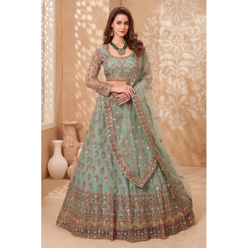 Bridal Mint Green A Line All Embroidered Lehenga Choli