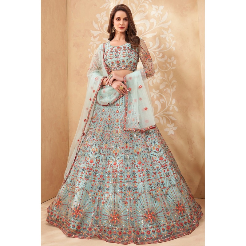 Bridal Turquoise Blue A Line All Embroidered Lehenga Choli