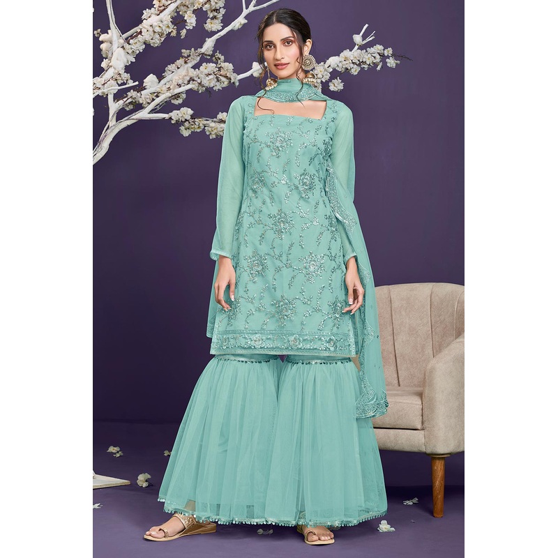 Butterfly Net Aqua Blue Premium Embroidered Gharara Suit