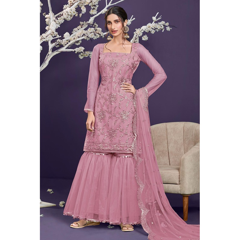 Butterfly Net Baby Pink Premium Embroidered Gharara Suit