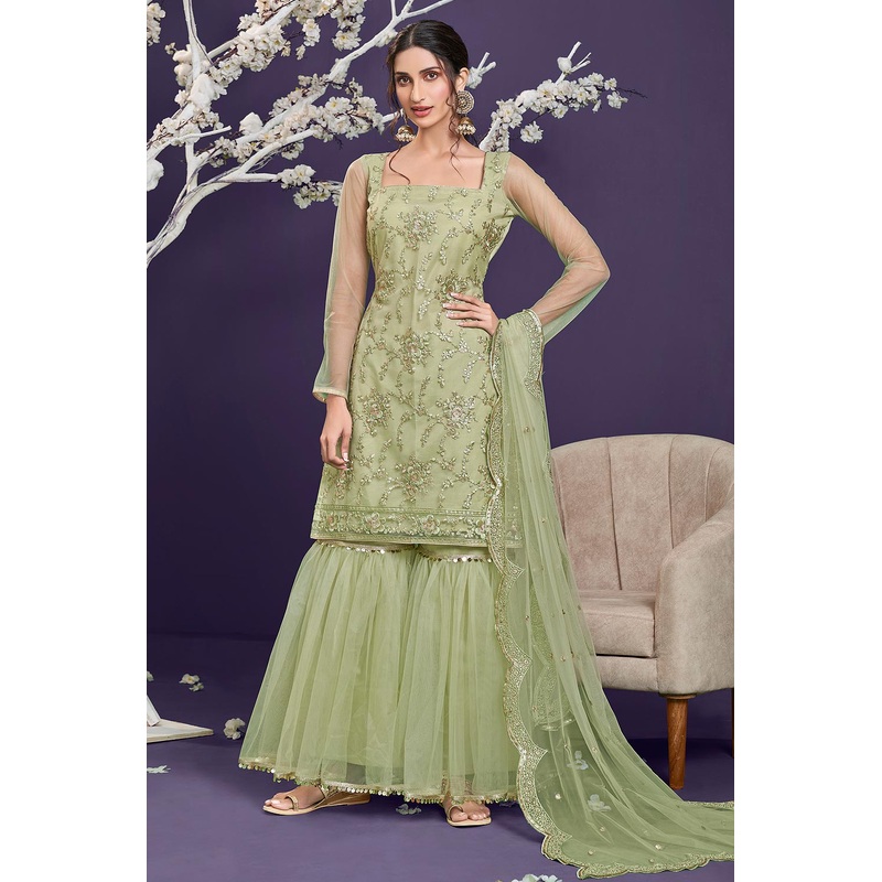 Butterfly Net Pista Green Premium Embroidered Gharara Suit