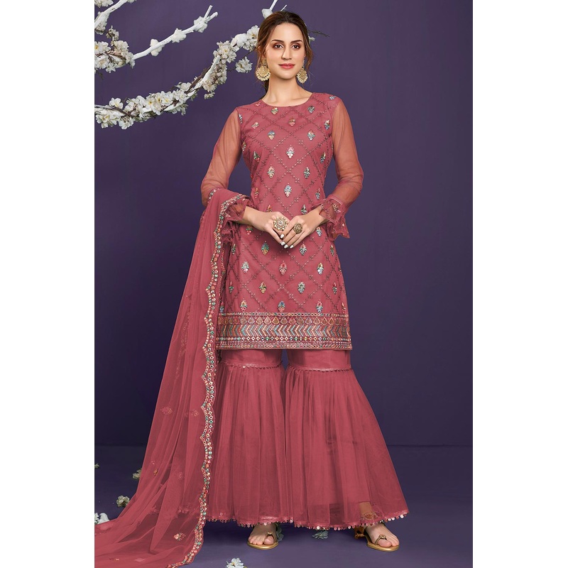 Butterfly Net Rosewood Pink Premium Embroidered Gharara Suit