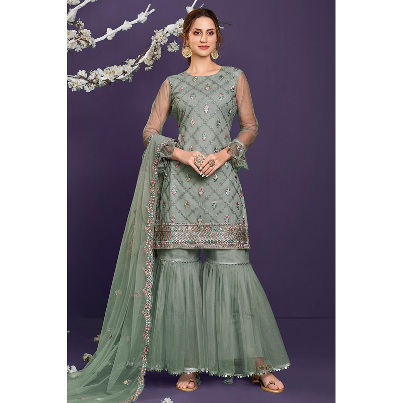 Butterfly Net Sage Green Premium Embroidered Gharara Suit